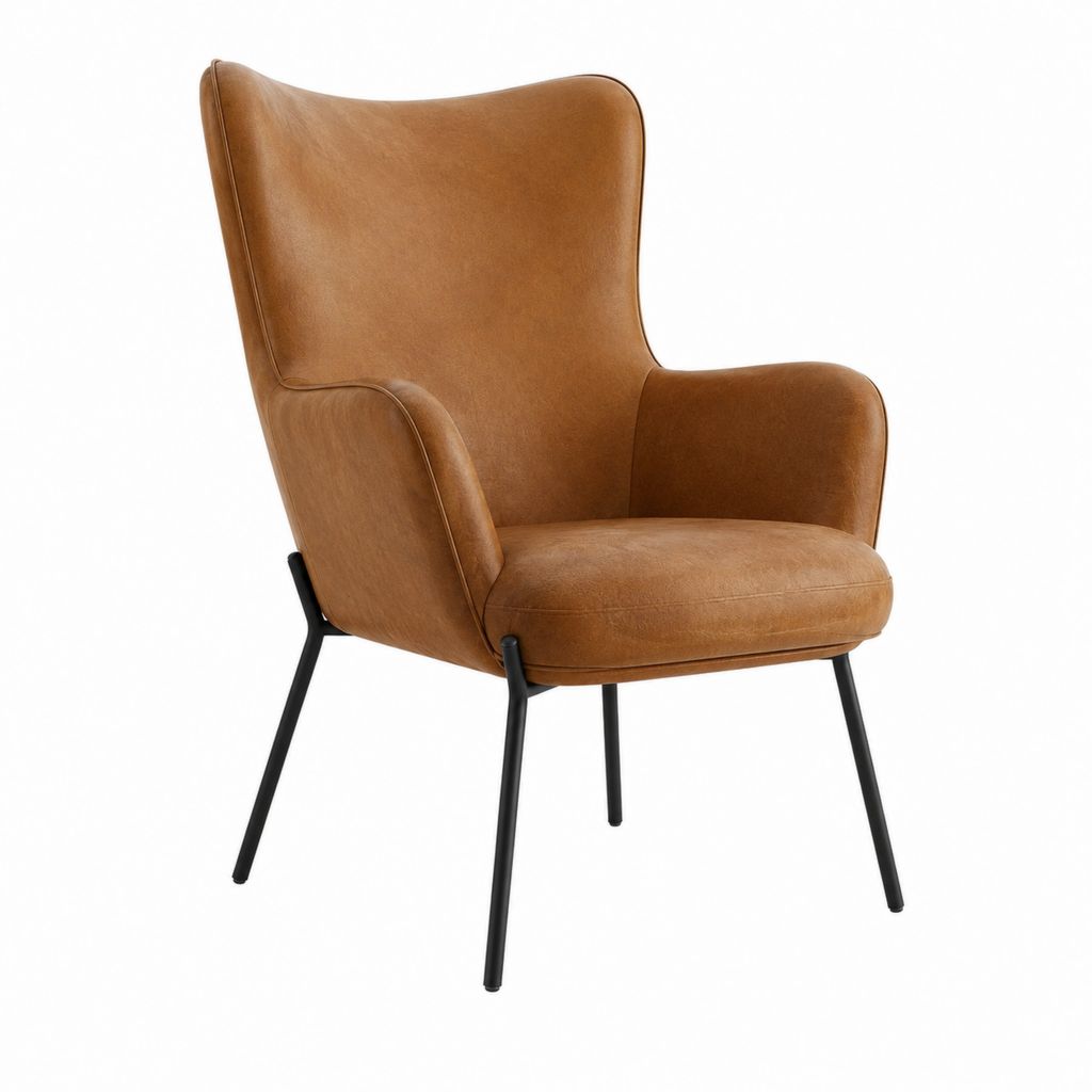 Fauteuil lounge à oreilles marron en similicuir PU avec pieds en acier 75 x 82 x 105 cm