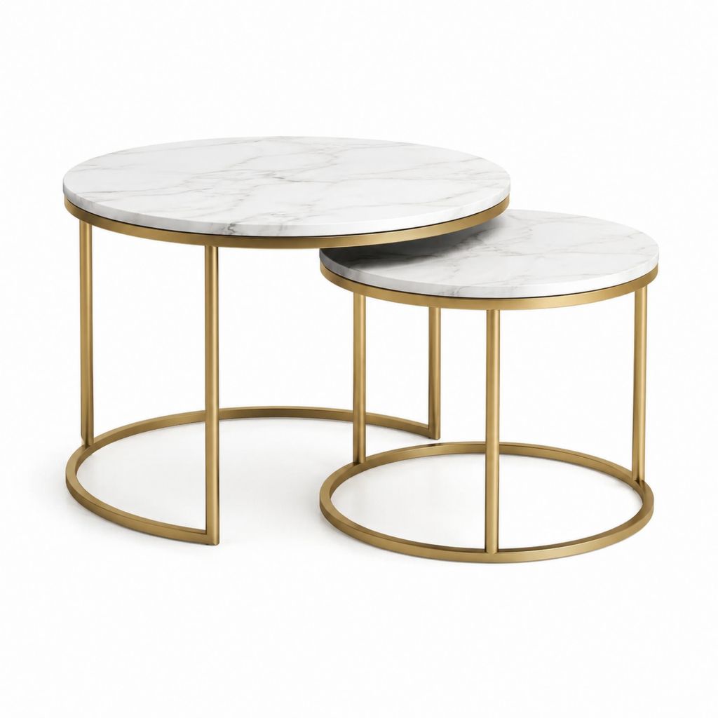 Lot de 2 tables basses gigognes rondes blanches effet marbre et acier doré Ø80 x 45 cm et Ø60 x 40 cm
