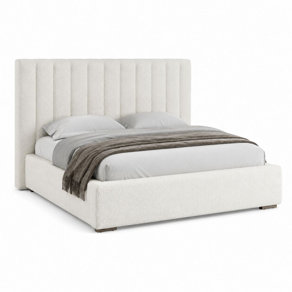 Lit coffre 160 x 200 cm beige en polyester bouclé avec tête de lit capitonnée
