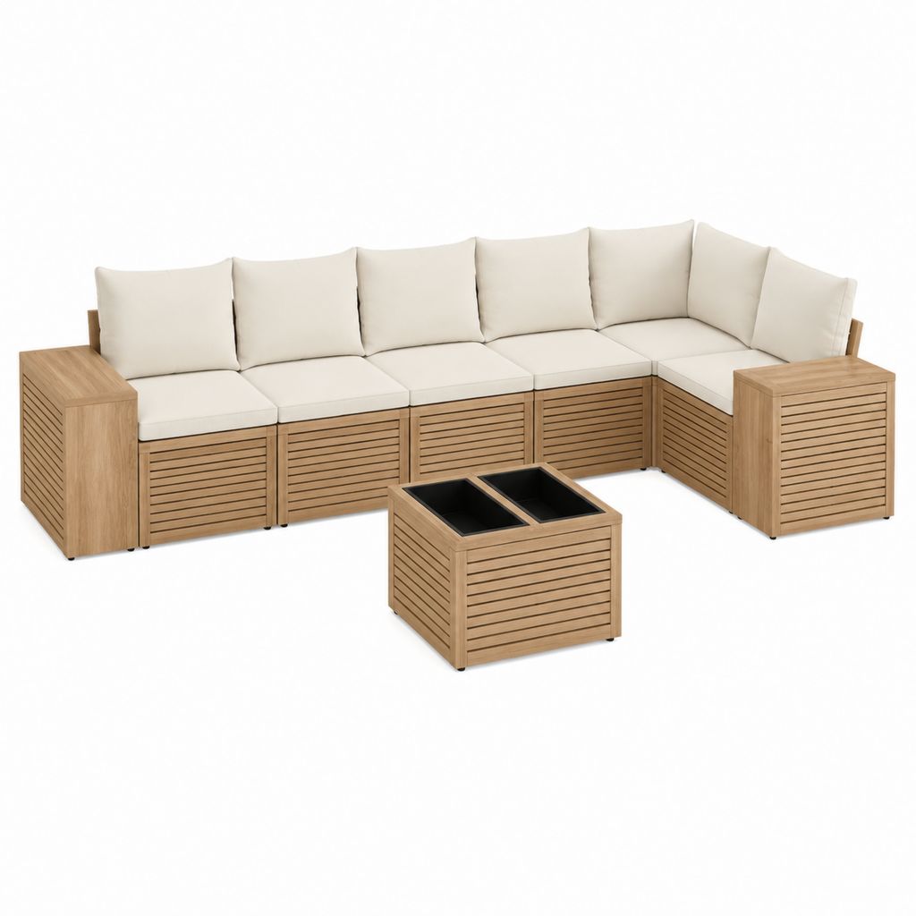 Salon de jardin d'angle 6 places en bois d'acacia beige avec table basse 280 x 210 x 75 cm