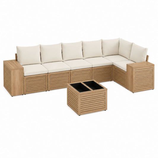 Salon de jardin d'angle 6 places en bois d'acacia beige avec table basse 280 x 210 x 75 cm