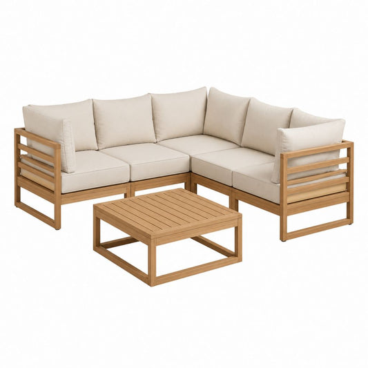 Salon de jardin d'angle 5 places en acacia massif naturel avec coussins beige 250 x 250 x 72 cm