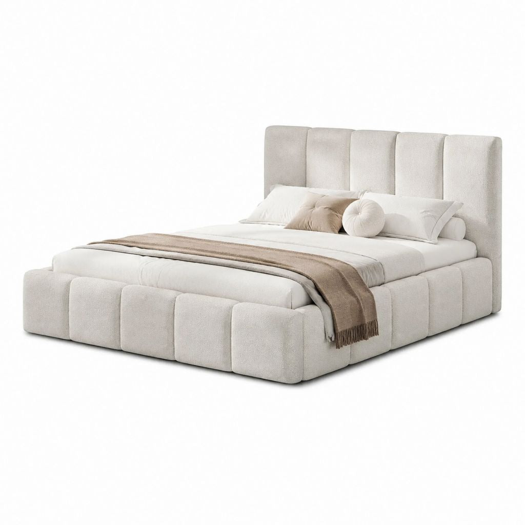 Lit coffre capitonné beige en polyester 180 x 200 cm