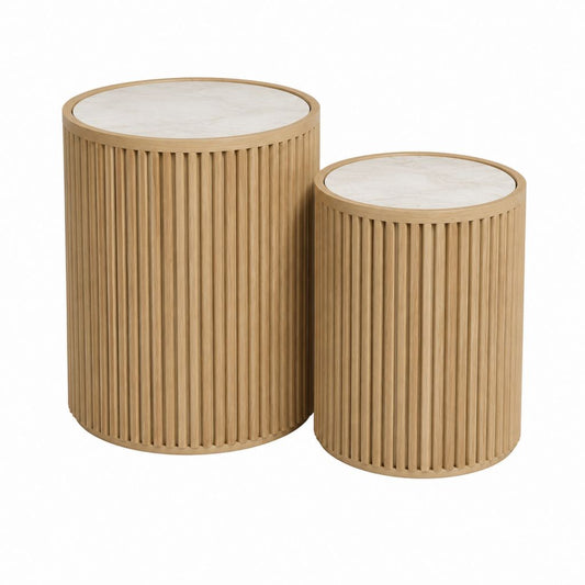 Lot de 2 tables basses rondes beige et blanc en MDF plaqué chêne avec plateau effet marbre 60 x 60 cm et 48 x 48 cm