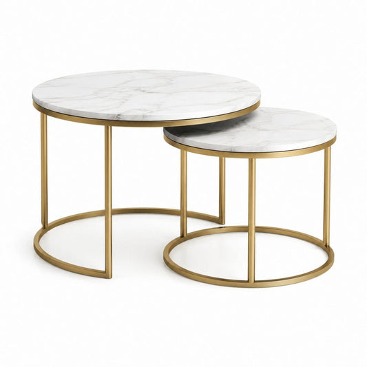 Lot de 2 tables basses gigognes rondes blanches effet marbre et acier doré Ø80 x 45 cm et Ø60 x 40 cm