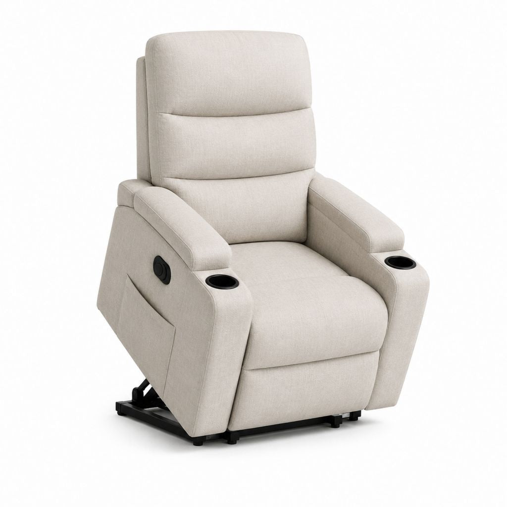 Fauteuil relax inclinable manuel beige en polyester avec porte-gobelets 86 x 96 x 104 cm