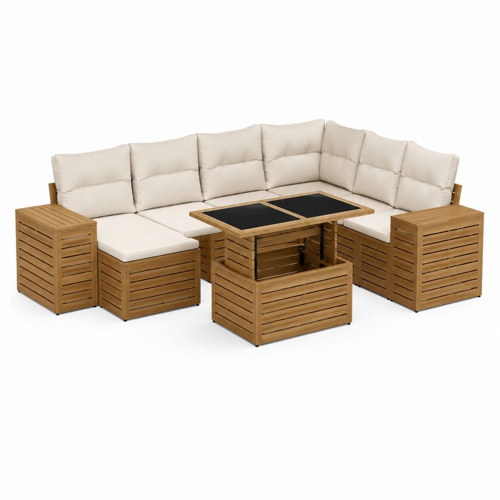 Salon de jardin d'angle 7 places en acacia massif beige avec table basse relevable 260 x 260 x 85 cm