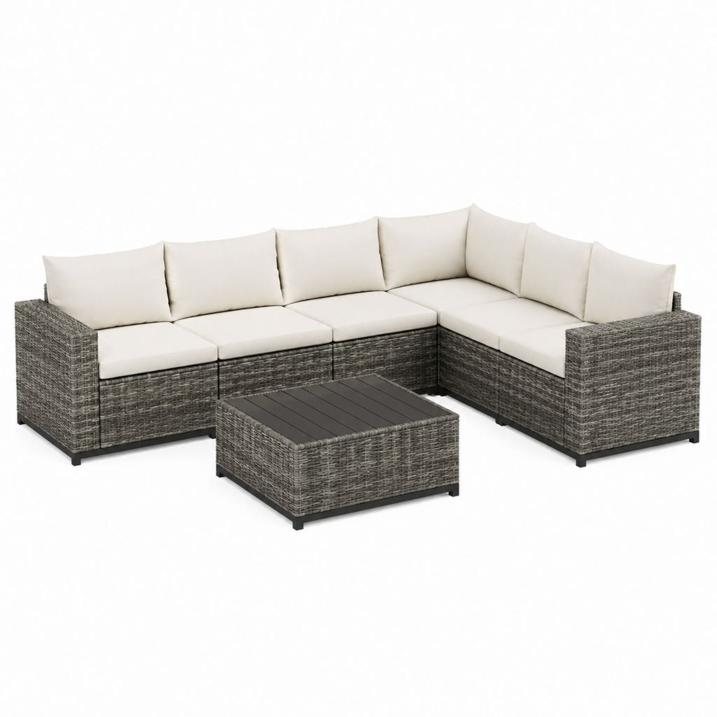 Salon de jardin d'angle 5 places gris en résine tressée PE avec coussins crème 250 x 180 x 65 cm