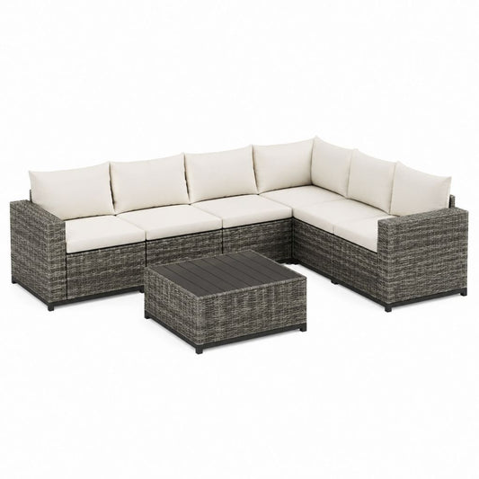 Salon de jardin d'angle 5 places gris en résine tressée PE avec coussins crème 250 x 180 x 65 cm