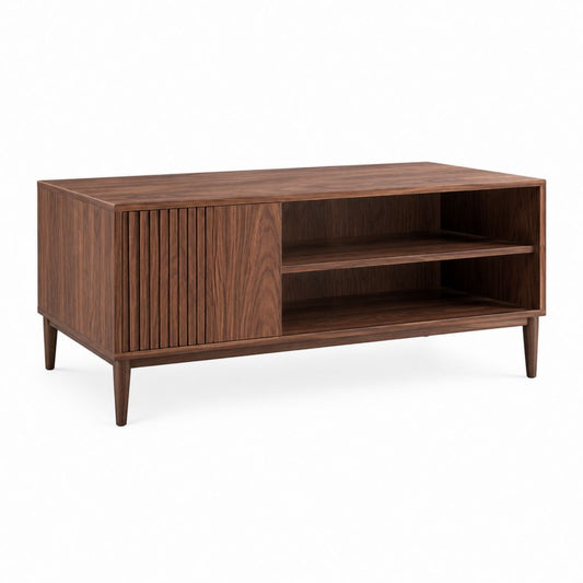Table basse rectangulaire noyer en MDF plaqué avec porte coulissante 120 x 60 x 50 cm