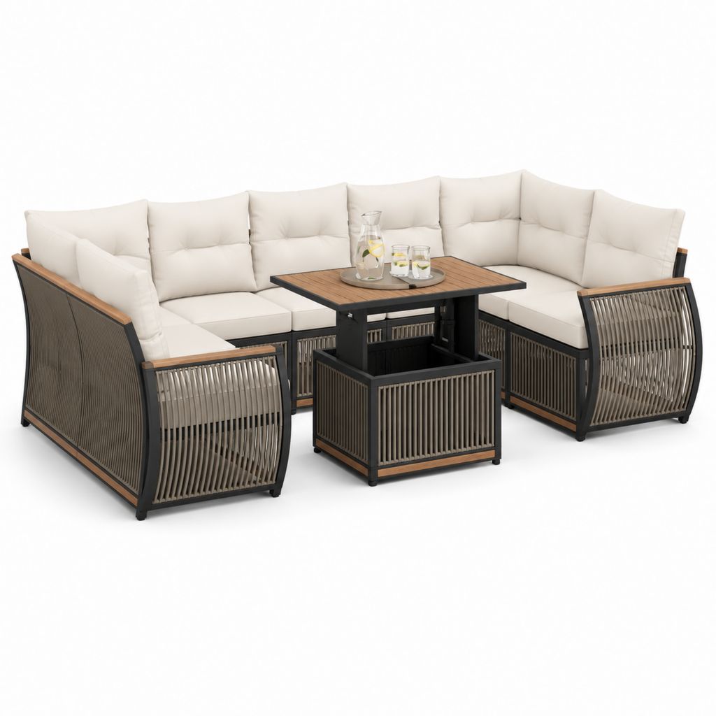 Salon de jardin d'angle 5 places beige noir et marron en acier thermolaqué et corde PE avec table relevable 202 x 202 x 85 cm