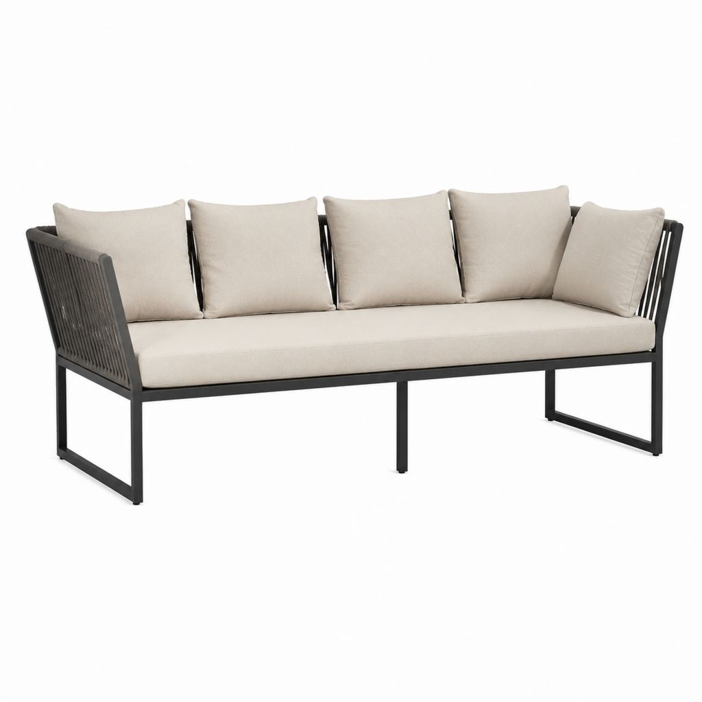 Canapé de jardin 3 places beige et noir en acier thermolaqué avec cordage en polypropylène 200 x 80 x 75 cm