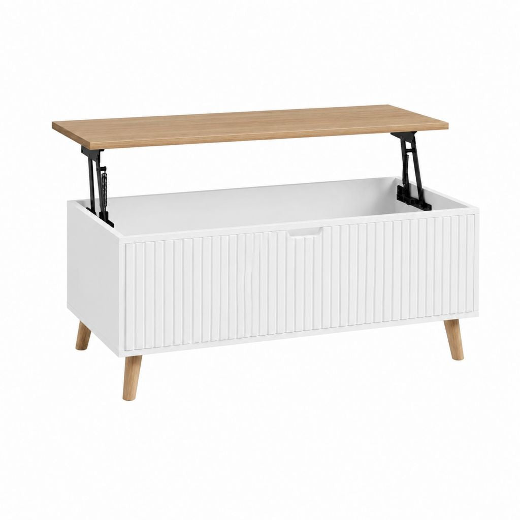 Table basse relevable rectangulaire avec rangement blanche et chêne en MDF 100 x 50 x 45 cm