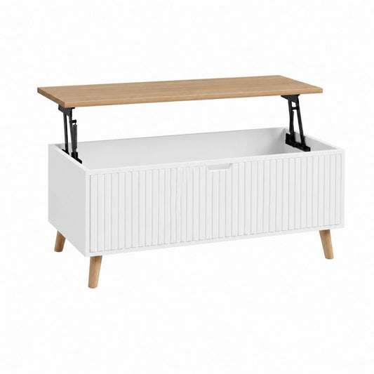 Table basse relevable rectangulaire avec rangement blanche et chêne en MDF 100 x 50 x 45 cm