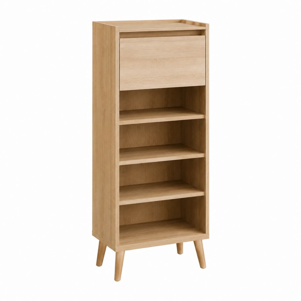 Meuble à chaussures vertical chêne clair en panneaux de particules mélaminés 60 x 35 x 130 cm avec tiroir et 4 étagères