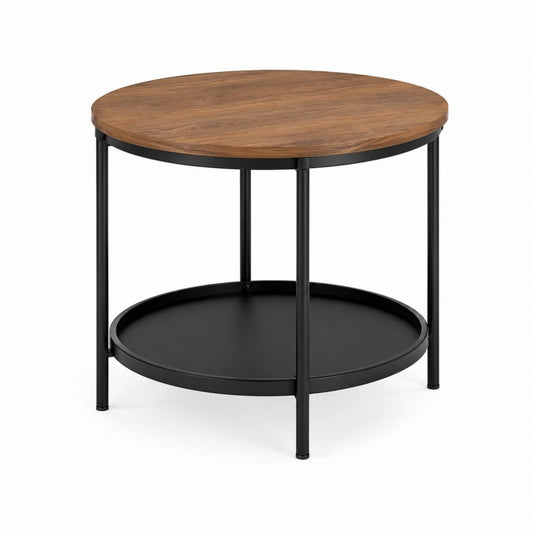 Table basse ronde avec étagère 80 x 45 cm noyer MDF acier noir