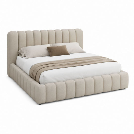 Lit coffre capitonné beige en polyester 160 x 200 cm avec tête de lit haute