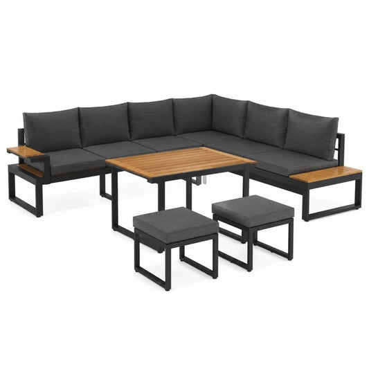 Salon de jardin d'angle 6 places noir et gris en acier avec bois d'acacia 250 x 250 x 65 cm