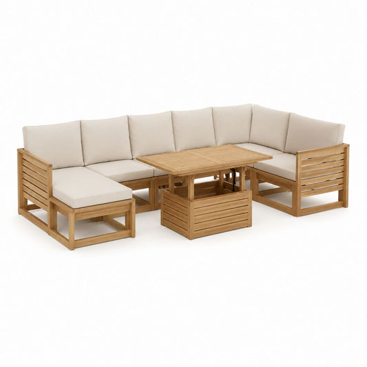 Salon de jardin d'angle 5 places avec table beige en bois massif d'acacia 300 x 230 x 75 cm