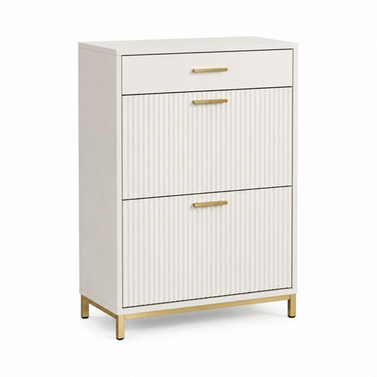 Meuble à chaussures blanc en MDF 80 x 35 x 110 cm avec 1 tiroir et 2 compartiments basculants